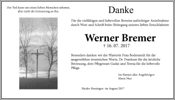 Traueranzeige von Werner Bremer von Giessener Allgemeine, Alsfelder Allgemeine