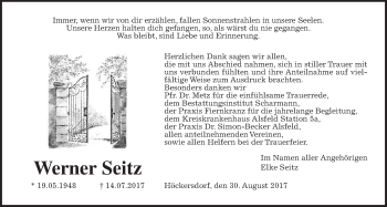 Traueranzeige von Werner Seitz von Giessener Allgemeine, Alsfelder Allgemeine