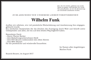 Traueranzeige von Wilhelm Funk von Giessener Allgemeine, Alsfelder Allgemeine