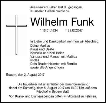 Traueranzeige von Wilhelm Funk von Giessener Allgemeine, Alsfelder Allgemeine
