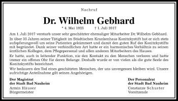 Traueranzeige von Wilhelm Gebhard von Wetterauer Zeitung, Wetterauer Zeitung