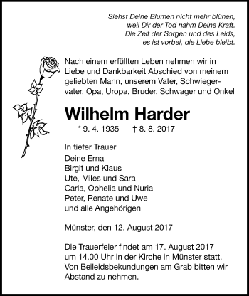 Traueranzeige von Wilhelm Harder von Giessener Allgemeine, Alsfelder Allgemeine