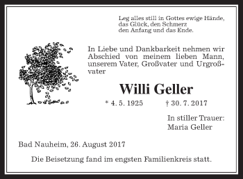 Traueranzeige von Willi Geller von Wetterauer Zeitung, Wetterauer Zeitung
