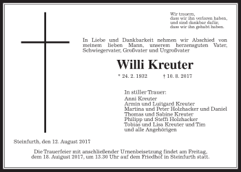 Traueranzeige von Willi Kreuter von Wetterauer Zeitung, Wetterauer Zeitung