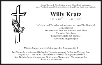Traueranzeige von Willy Kratz von Giessener Allgemeine, Alsfelder Allgemeine