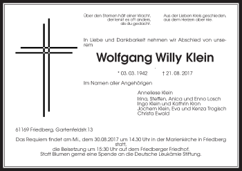 Traueranzeige von Wolfgang Willy Klein von Wetterauer Zeitung, Wetterauer Zeitung