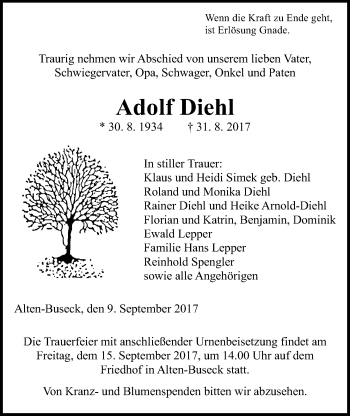 Traueranzeige von Adolf Diehl von Giessener Allgemeine, Alsfelder Allgemeine