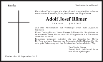 Traueranzeige von Adolf Josef Römer von Wetterauer Zeitung, Wetterauer Zeitung