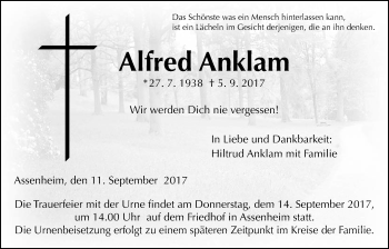 Traueranzeige von Alfred Anklam von Wetterauer Zeitung, Wetterauer Zeitung