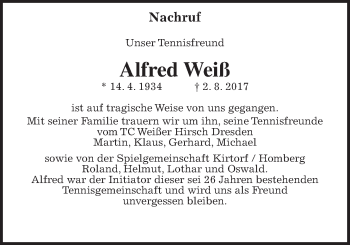 Traueranzeige von Alfred Weiß von Alsfelder Allgemeine