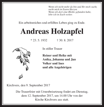 Traueranzeige von Andreas Holzapfel von Giessener Allgemeine, Alsfelder Allgemeine