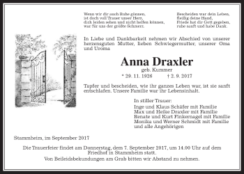 Traueranzeige von Anna Draxler von Wetterauer Zeitung, Wetterauer Zeitung