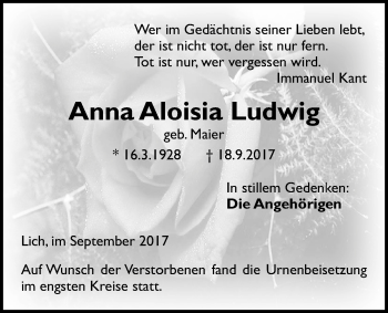 Traueranzeige von Anna Aloisia Ludwig von Licher Wochenblatt, Licher Wochenblatt, Licher Wochenblatt