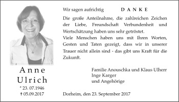 Traueranzeige von Anne Ulrich von Wetterauer Zeitung, Wetterauer Zeitung