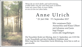 Traueranzeige von Anne Ulrich von Wetterauer Zeitung, Wetterauer Zeitung