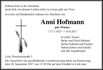 Traueranzeige von Anni Hofmann von Licher Wochenblatt, Licher Wochenblatt, Licher Wochenblatt
