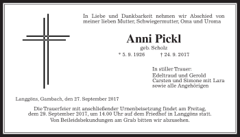 Traueranzeige von Anni Pickl von Giessener Allgemeine, Alsfelder Allgemeine