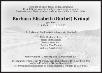 Traueranzeige von Barbara Elisabeth Kräupl von Mücker Stimme