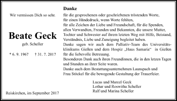 Traueranzeige von Beate Geck von Giessener Allgemeine, Alsfelder Allgemeine