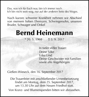 Traueranzeige von Bernd Heinemann von Giessener Allgemeine, Alsfelder Allgemeine