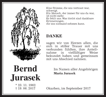 Traueranzeige von Bernd Jurasek von Wetterauer Zeitung, Wetterauer Zeitung
