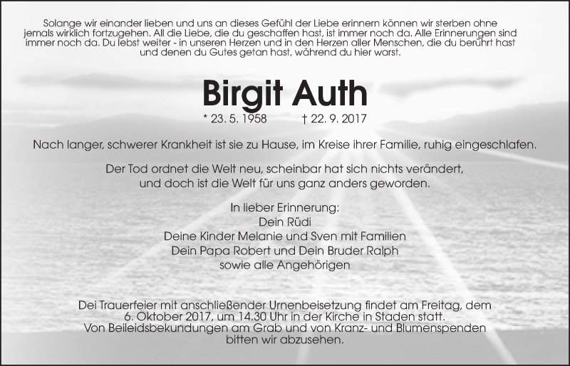  Traueranzeige für Birgit Auth vom 30.09.2017 aus Wetterauer Zeitung, Wetterauer Zeitung