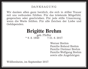 Traueranzeige von Brigitte Brehm von Wetterauer Zeitung, Wetterauer Zeitung