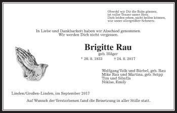 Traueranzeige von Brigitte Rau von Giessener Allgemeine, Alsfelder Allgemeine