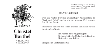 Traueranzeige von Christel Barthel von Wetterauer Zeitung, Wetterauer Zeitung