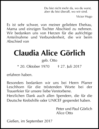 Traueranzeige von Claudia Alice Görlich von Giessener Allgemeine, Alsfelder Allgemeine