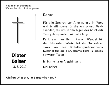 Traueranzeige von Dieter Balser von Giessener Allgemeine, Alsfelder Allgemeine