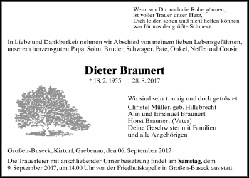 Traueranzeige von Dieter Braunert von Giessener Allgemeine, Alsfelder Allgemeine
