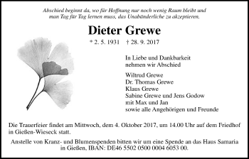 Traueranzeige von Dieter Grewe von Giessener Allgemeine, Alsfelder Allgemeine