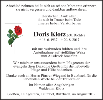 Traueranzeige von Dois Klotz von Giessener Allgemeine, Alsfelder Allgemeine