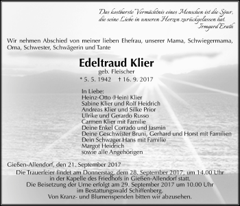 Traueranzeige von Edeltraud Klier von Giessener Allgemeine, Alsfelder Allgemeine
