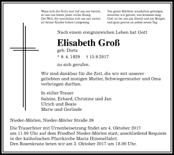 Traueranzeige von Elisabeth Groß von Wetterauer Zeitung, Wetterauer Zeitung