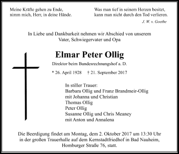 Traueranzeige von Elmar Peter Ollig von Wetterauer Zeitung, Wetterauer Zeitung