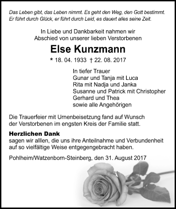 Traueranzeige von Else Kunzemann von Pohlheimer Nachrichten