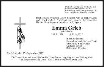Traueranzeige von Emma Grieb von Giessener Allgemeine, Alsfelder Allgemeine