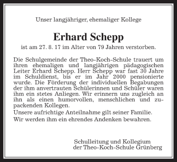 Traueranzeige von Erhard Schepp von Heimatzeitung Grünberg + Laubach, Laubacher Anzeiger