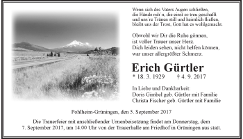 Traueranzeige von Erich Gürtler von Giessener Allgemeine, Alsfelder Allgemeine