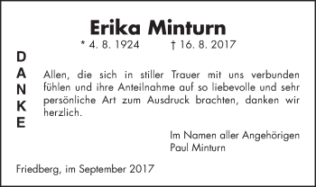 Traueranzeige von Erika Minturn von Wetterauer Zeitung, Wetterauer Zeitung