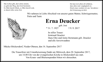 Traueranzeige von Erna Deucker von Giessener Allgemeine, Alsfelder Allgemeine, Alsfelder Allgemeine