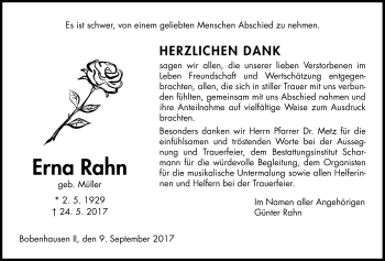 Traueranzeige von Erna Rahn von Giessener Allgemeine, Alsfelder Allgemeine