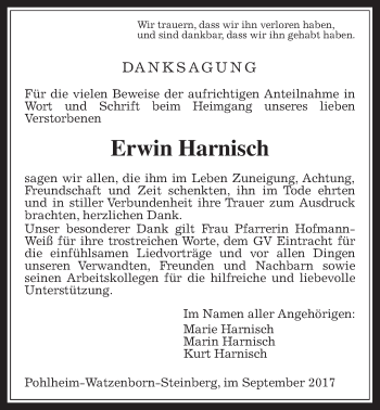Traueranzeige von Erwin Harnisch von Pohlheimer Nachrichten