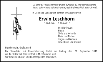 Traueranzeige von Erwin Leschhorn von Giessener Allgemeine, Alsfelder Allgemeine