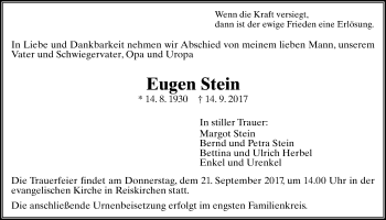 Traueranzeige von Eugen Stein von Giessener Allgemeine, Alsfelder Allgemeine