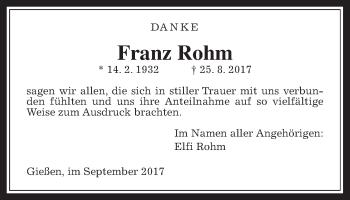 Traueranzeige von Franz Rohm von Giessener Allgemeine, Alsfelder Allgemeine