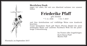Traueranzeige von Friederike Pfaff von Wetterauer Zeitung, Wetterauer Zeitung