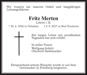 Traueranzeige von Fritz Merten von Wetterauer Zeitung, Wetterauer Zeitung